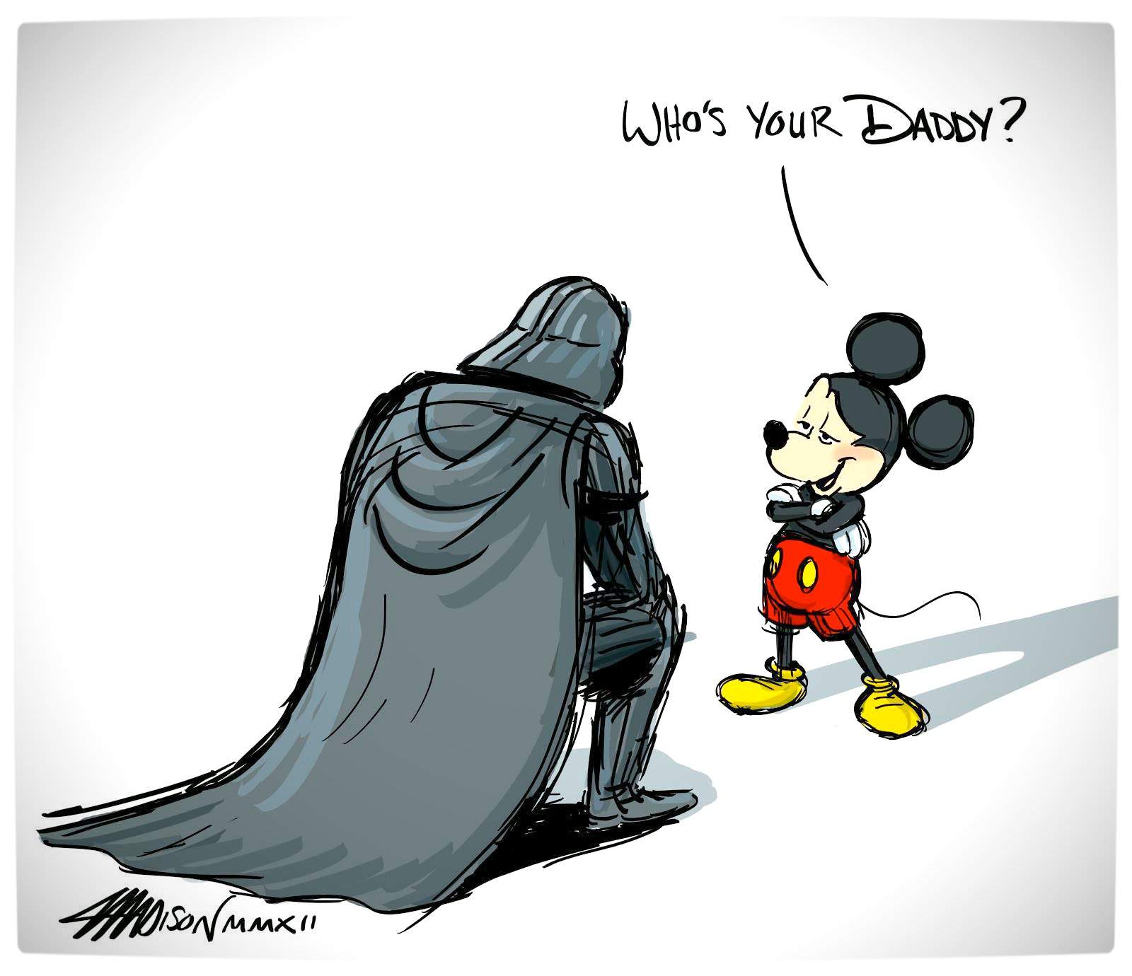 Darth Vader kneeling before Mickey Mouse
